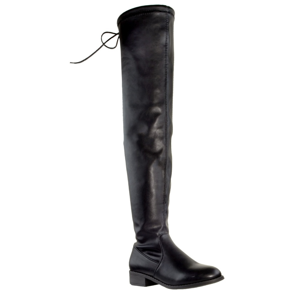 Womens Leather Knee High Boots Lace Up Block Heel